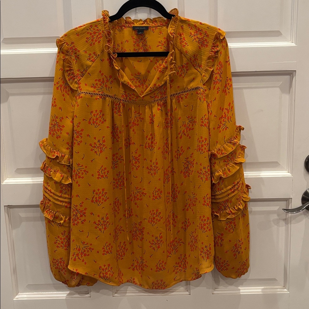 Ann Taylor Mustard Floral Ruffle Blouse